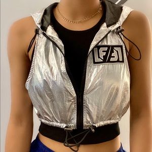 LF Silver Metallic Cropped Vest With Hood